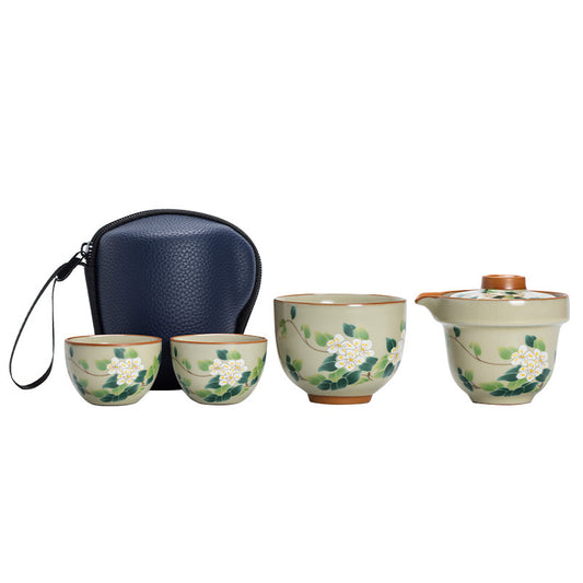 Camellia Chinese Ru Ware High-Grade Travel Tea Set - 1 Pot, 3 Cups, Portable & Minimalist